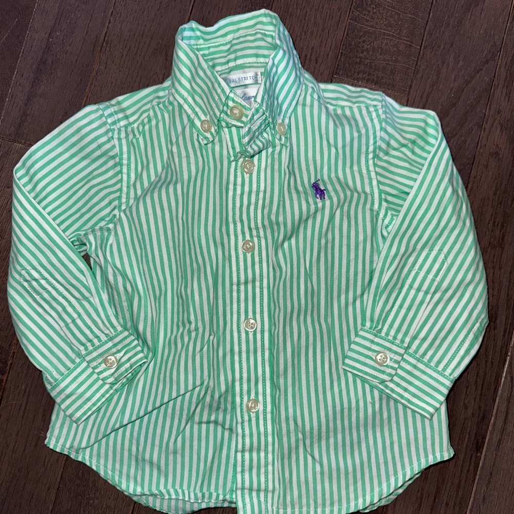 Ralph Lauren Striped Green and White Button Down Shirt, 9 Months